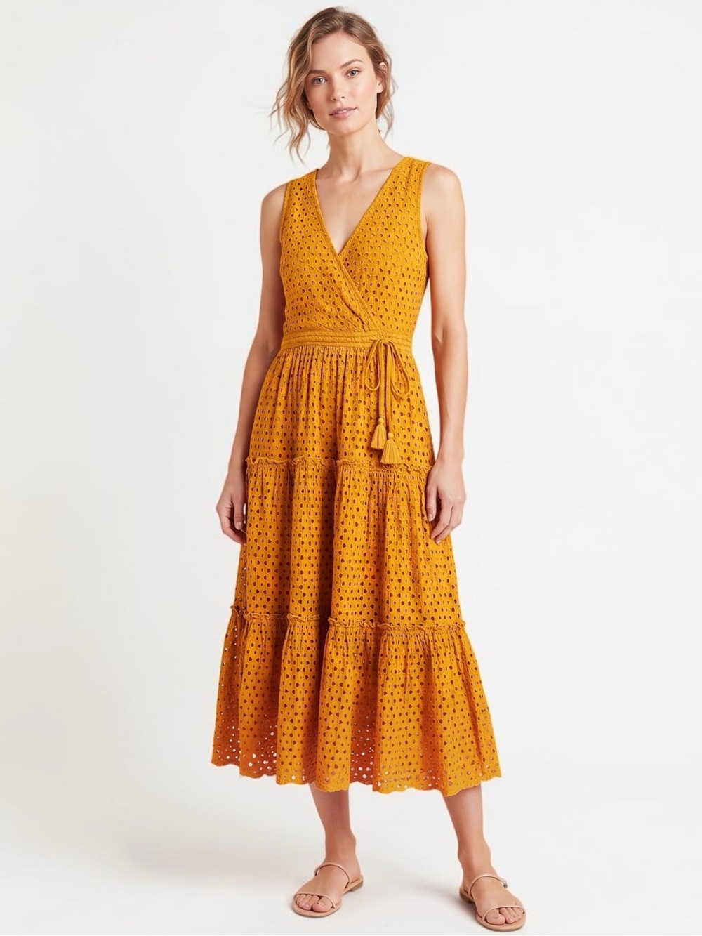 Frye X Anthropologie Nuri Eyelet Faux Wrap Midi Dress Mustard XS